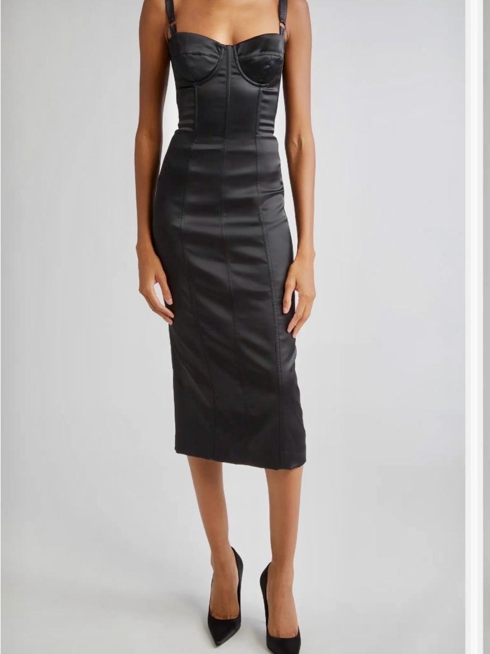 Sleek Black Satin Bustier Midi Dress